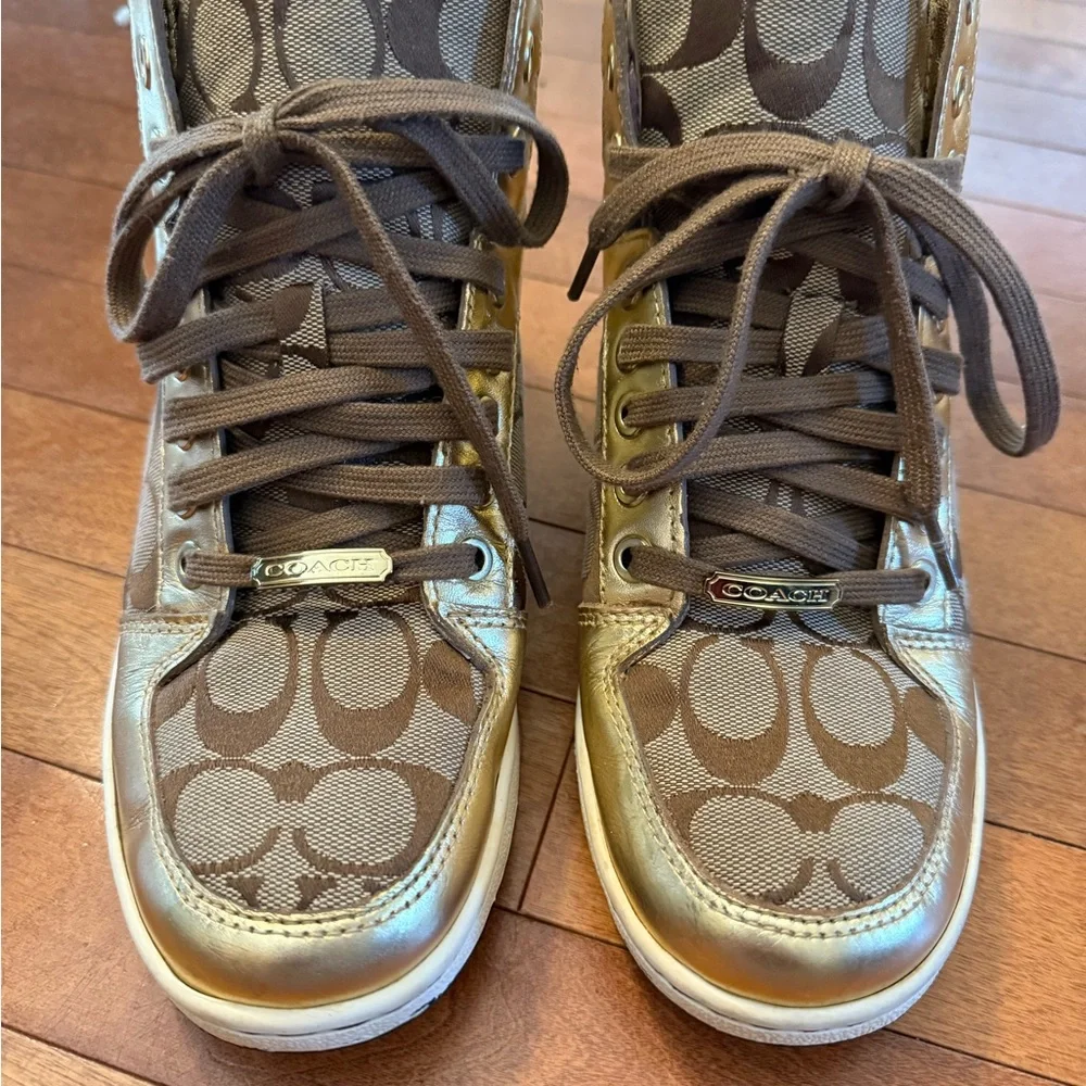 Coach Metallic Gold and Brown High-Top Sneakers - Picture 9 of 16